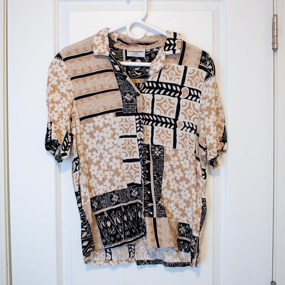 Mixed Pattern Patchwork Eclectic Vtg 14 Top Tan B… - image 1